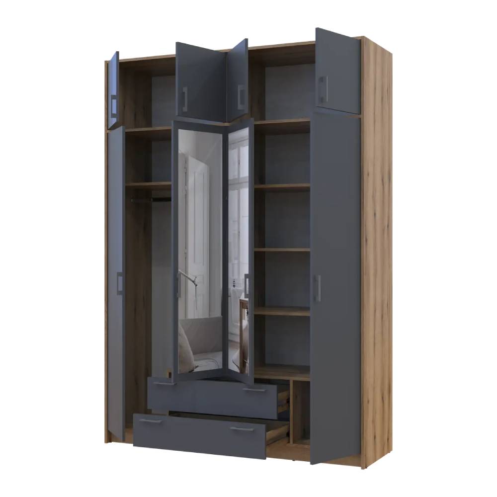 Шкаф для одежды Doros Ронди с антресолью и зеркалом Дуб Артизан/Графит 4ДСП 160х52х236 DRS-011677 (80737830)