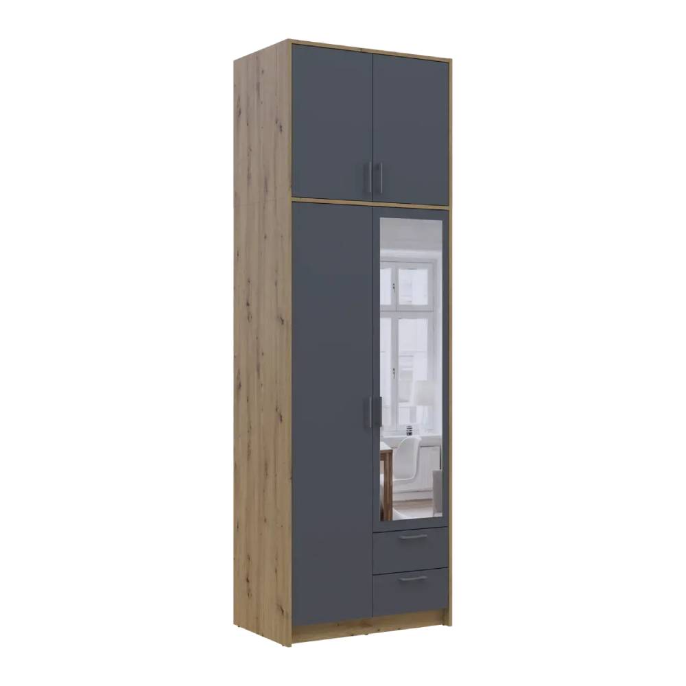 Шкаф для одежды Doros Ронди с высокой антресолью и зеркалом Дуб Артизан/Графит 2 ДСП 82х52х260 (DRS-011871)