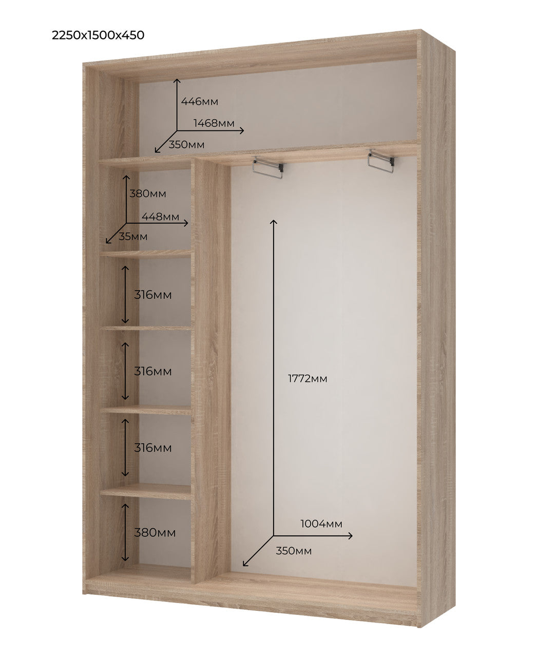Шкаф-купе двухдверный Doros Сити Лайт 150х45х225 см Дуб сонома/1 Зеркало (DRS-011082)