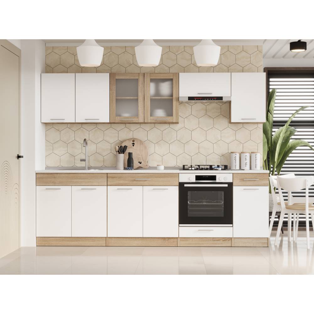 Кухня модульная Эверест Эко набор №5 дуб сонома/нимфея альба (белый) 2.6 м столешница Скай (DTM-071059)