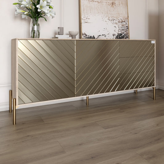 Комод с золотыми металлическими ножками LION Амарант 168x40x76,5 см Дуб сонома/Перламутровый металлик (RAL-7048) 1680x400x765 мм (LION-041974)