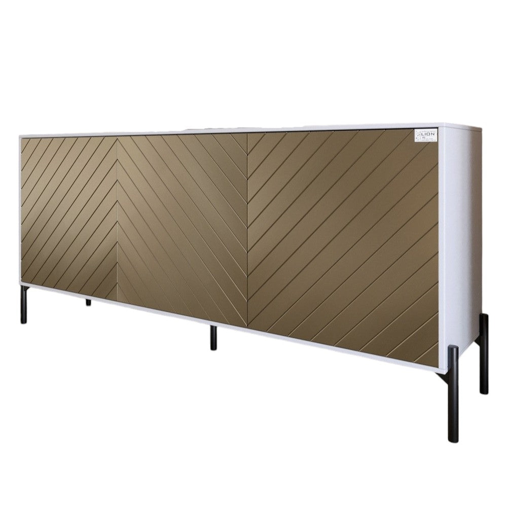 Тумба под телевизор с черными металлическими ножками LION Амарант 168x40x76,5 см Нимфея Альба (белый)/Перламутровый металлик (RAL-7048) 1680x400x765 (LION-043047)