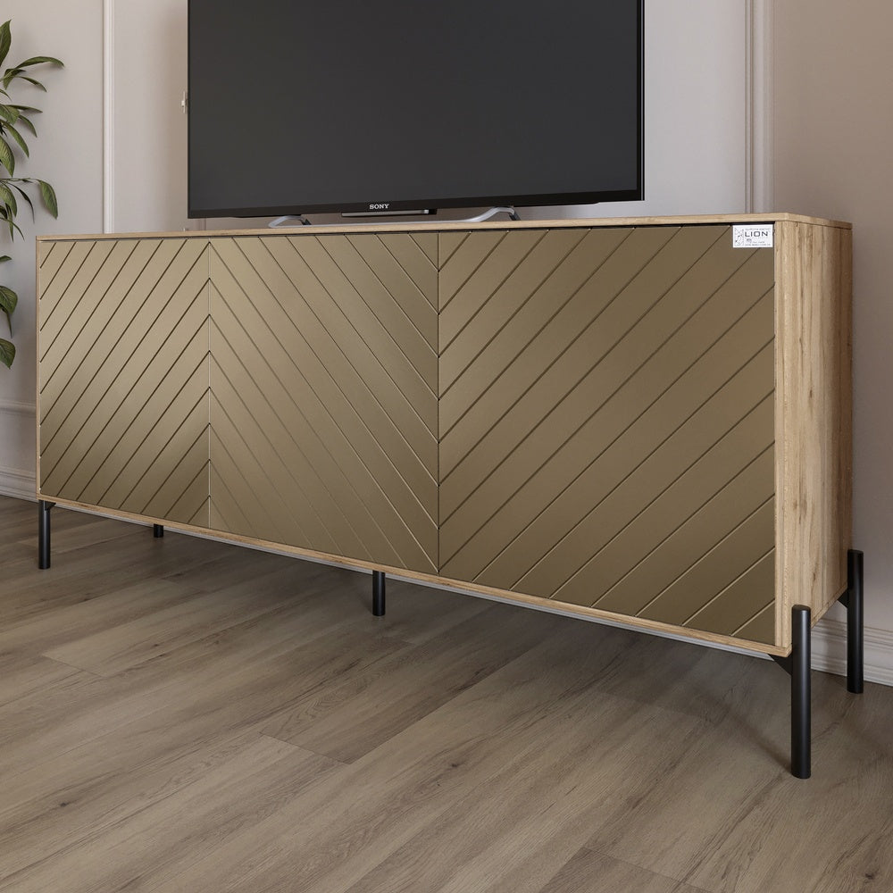 Тумба под телевизор с черными металлическими ножками LION Амарант 168x40x76,5 см Дуб Аппалачи/Перламутровый металлик (RAL-7048) 1680x400x765 (LION-043033)