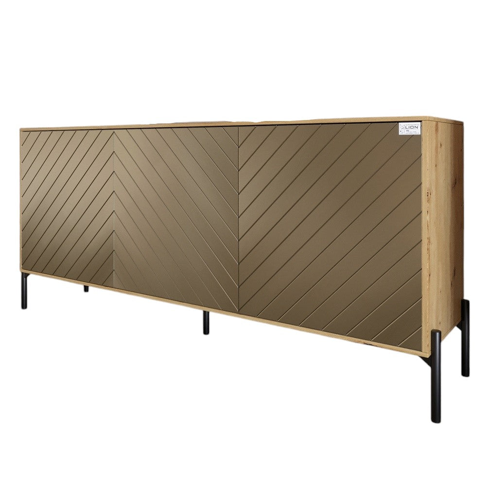 Тумба под телевизор с черными металлическими ножками LION Амарант 168x40x76,5 см Дуб Артизан/Перламутровый металлик (RAL-7048) 1680x400x765 (LION-043034)