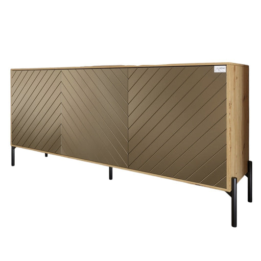 Тумба под телевизор с черными металлическими ножками LION Амарант 168x40x76,5 см Дуб Артизан/Перламутровый металлик (RAL-7048) 1680x400x765 (LION-043034)