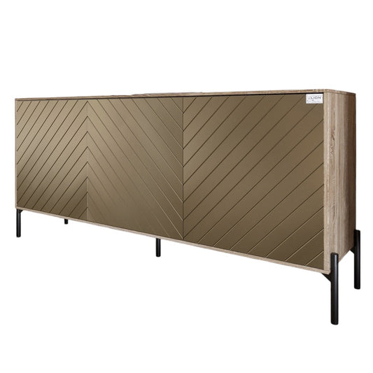 Тумба под телевизор с черными металлическими ножками LION Амарант 168x40x76,5 см Дуб сонома трюфель/Перламутровый металлик (RAL-7048) 1680x400x765 (LION-043037)