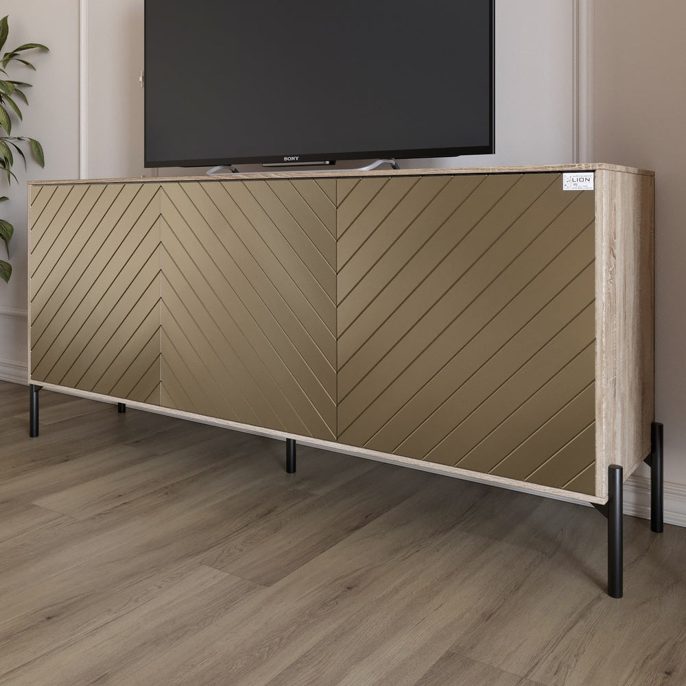 Тумба под телевизор с черными металлическими ножками LION Амарант 168x40x76,5 см Дуб сонома/Перламутровый металлик (RAL-7048) 1680x400x765 (LION-043036)