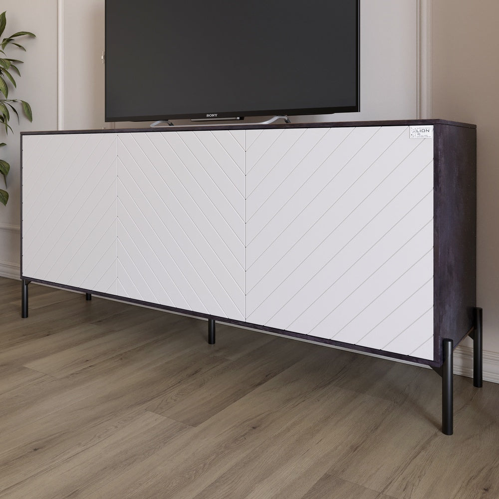 Тумба под телевизор с черными металлическими ножками LION Амарант 168x40x76,5 см Бетон темный/Белый (LION-043030)