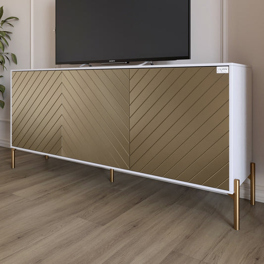 Тумба под телевизор с золотыми металлическими ножками LION Амарант 168x40x76,5 см Нимфея Альба (белый)/Перламутровый металлик (RAL-7048) 1680x400x765 (LION-0...