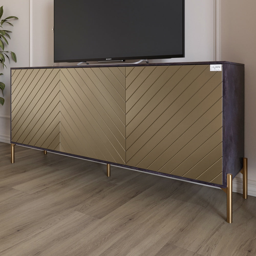 Тумба под телевизор с золотыми металлическими ножками LION Амарант 168x40x76,5 см Бетон темный/Перламутровый металлик (RAL-7048) 1680x400x765 (LION-043061)