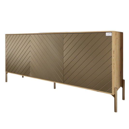 Тумба под телевизор с золотыми металлическими ножками LION Амарант 168x40x76,5 см Дуб Артизан/Перламутровый металлик (RAL-7048) 1680x400x765 (LION-043050)