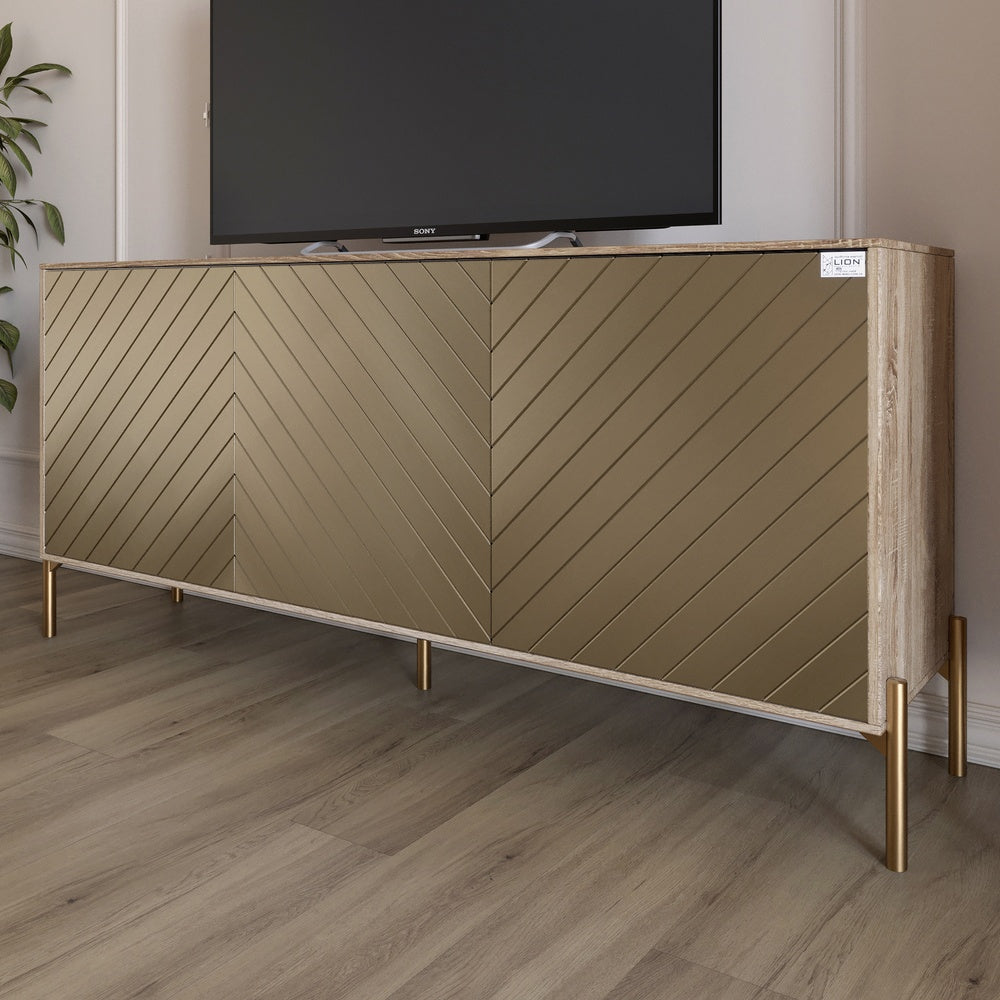 Тумба под телевизор с золотыми металлическими ножками LION Амарант 168x40x76,5 см Дуб сонома трюфель/Перламутровый металлик (RAL-7048) 1680x400x765 (LION-043053)