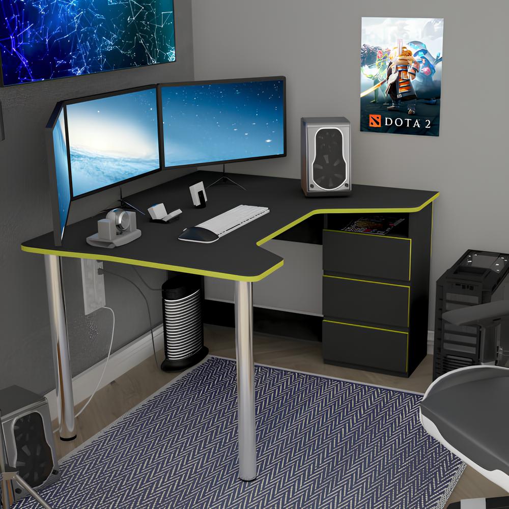 Геймерский компьютерный стол LION Буст угловой с ящиками Антрацит/Зеленый (LION-041463)