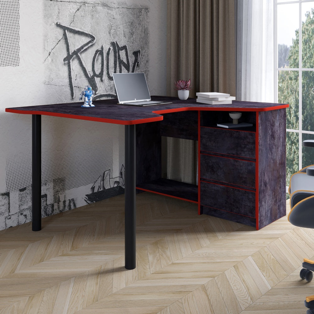 Геймерский компьютерный стол LION Буст угловой с ящиками Бетон темный/Красный (LION-041465)