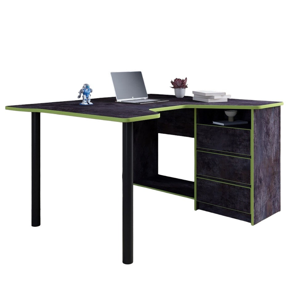 Геймерский компьютерный стол LION Буст угловой с ящиками Бетон темный/Зеленый (LION-041466)