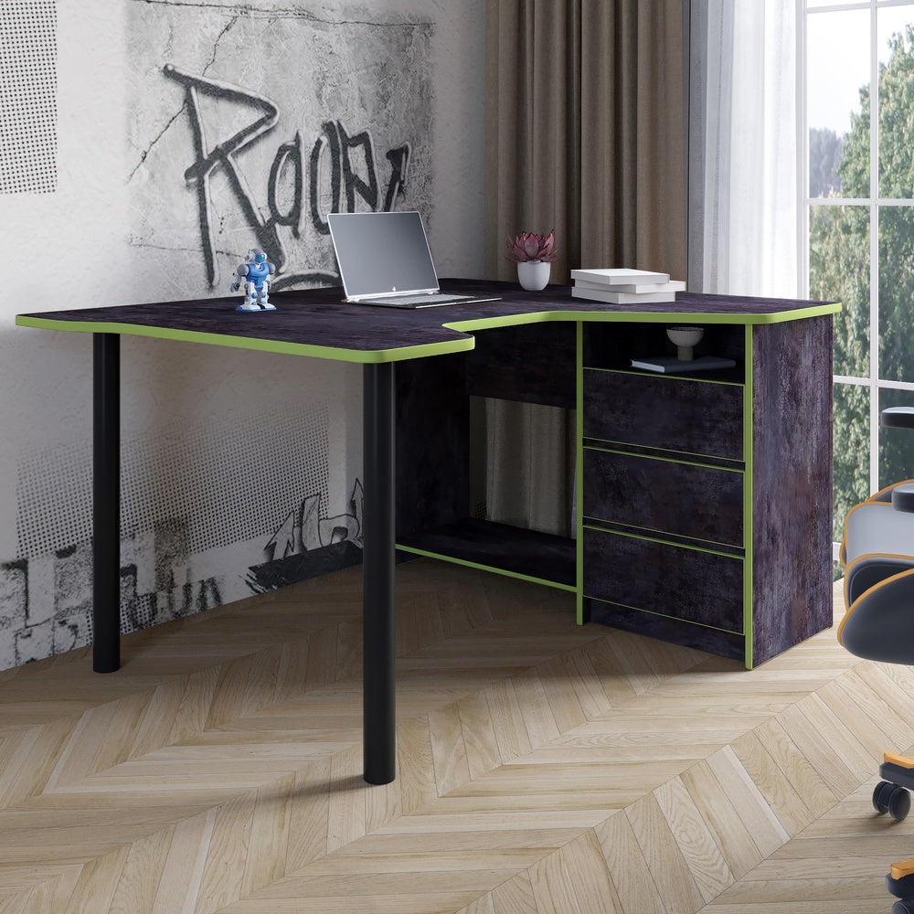Геймерский компьютерный стол LION Буст угловой с ящиками Бетон темный/Зеленый (LION-041466)