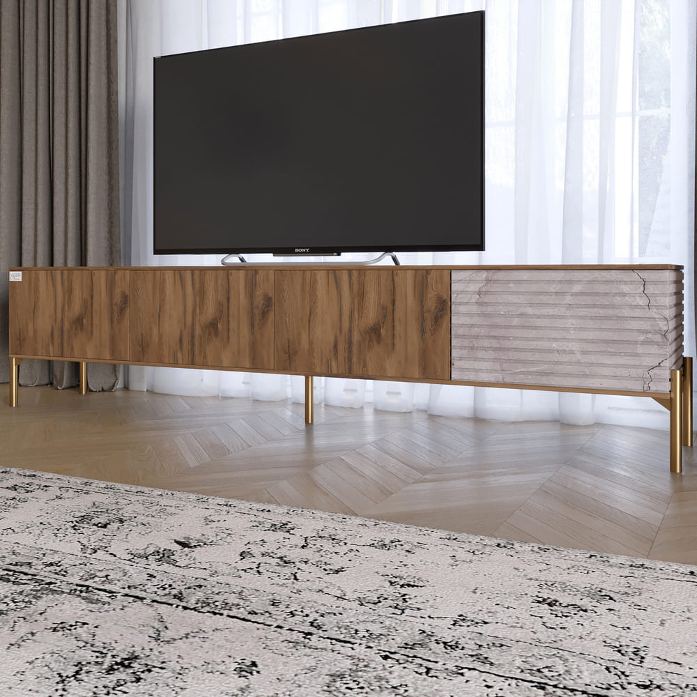 Тумба под телевизор на золотых металлических ножках LION Грей Дуб Ливорно/Камень (LION-042568)