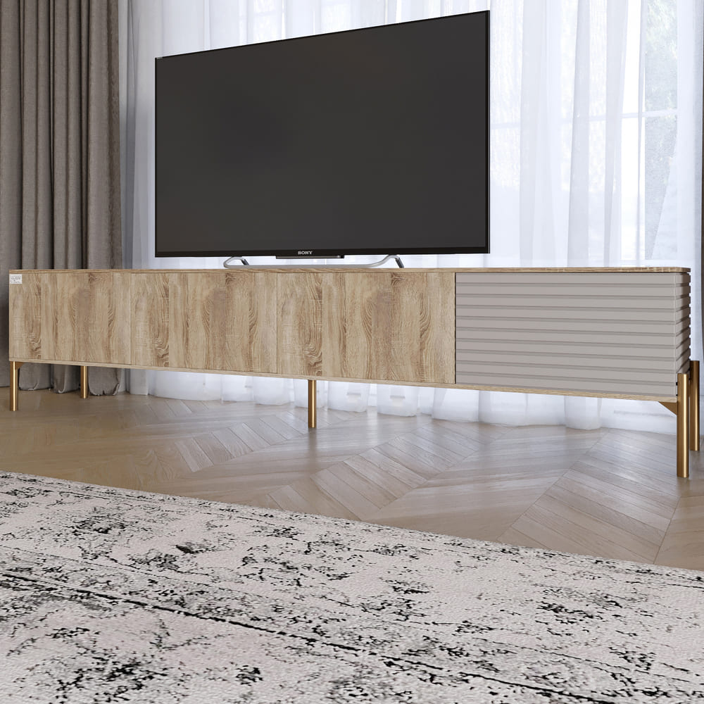 Тумба под телевизор на золотых металлических ножках LION Грей Дуб Сонома трюфель/Кашемир (LION-042599)