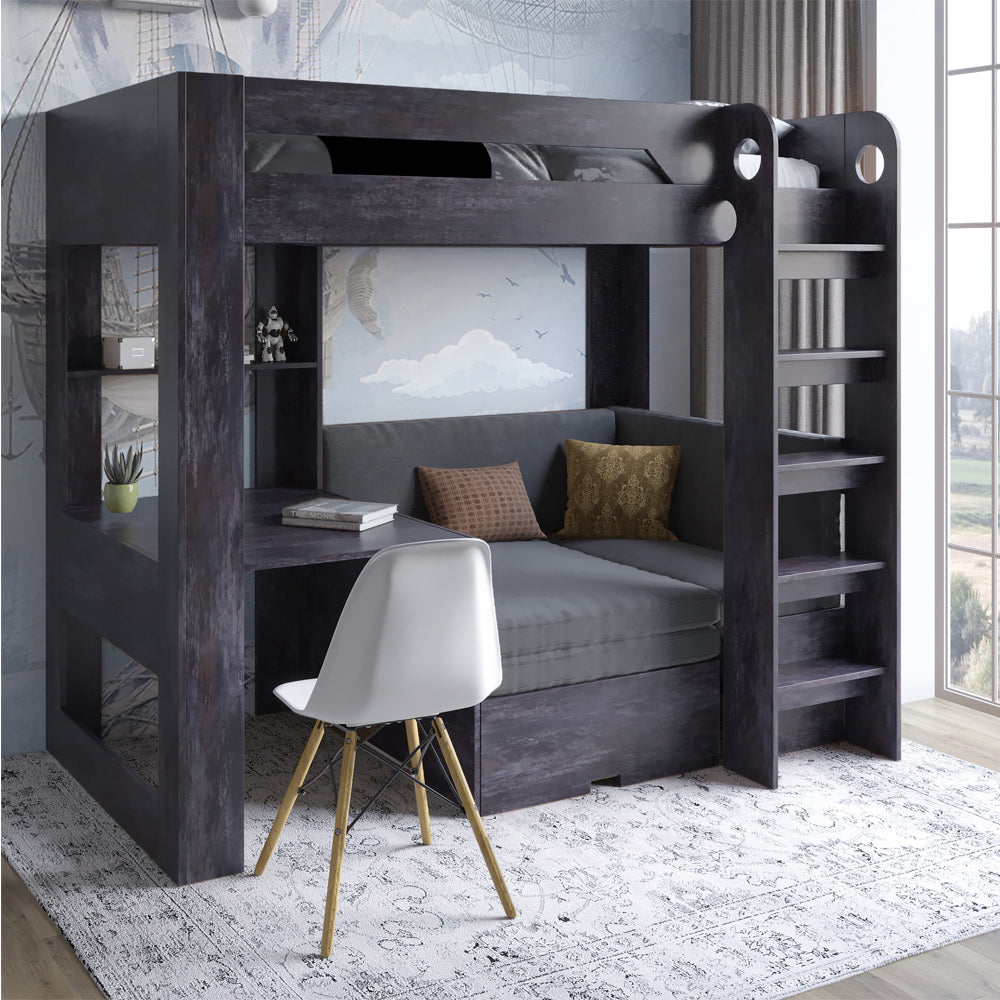 Детская двухъярусная кровать LION Флай 90х190 см со встроенным столом Бетон темный/Лили-95 (LION-041635)