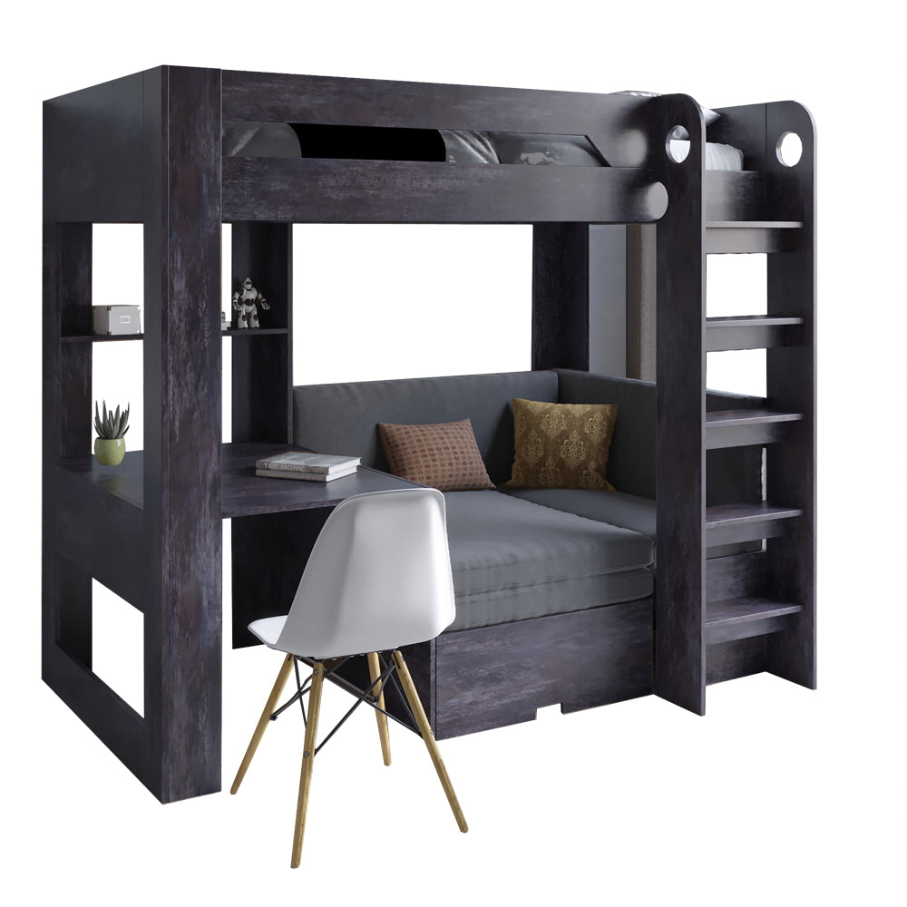 Детская двухъярусная кровать LION Флай 90х190 см со встроенным столом Бетон темный/Лили-95 (LION-041635)