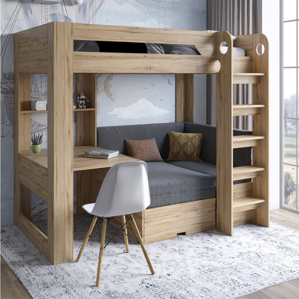 Детская двухъярусная кровать LION Флай 90х190 см со встроенным столом Дуб Аппалачи/Лили-95 (LION-041637) ТОП