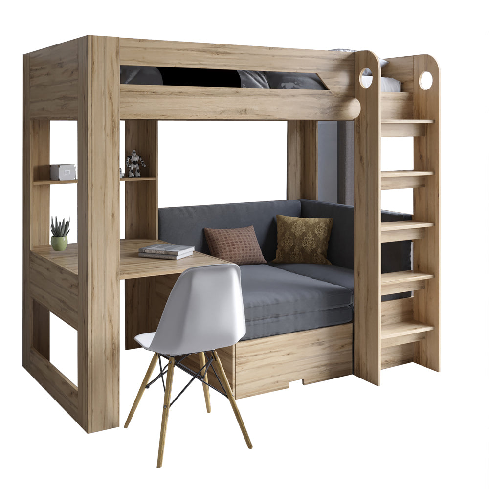 Детская двухъярусная кровать LION Флай 90х190 см со встроенным столом Дуб Аппалачи/Лили-95 (LION-041637) ТОП