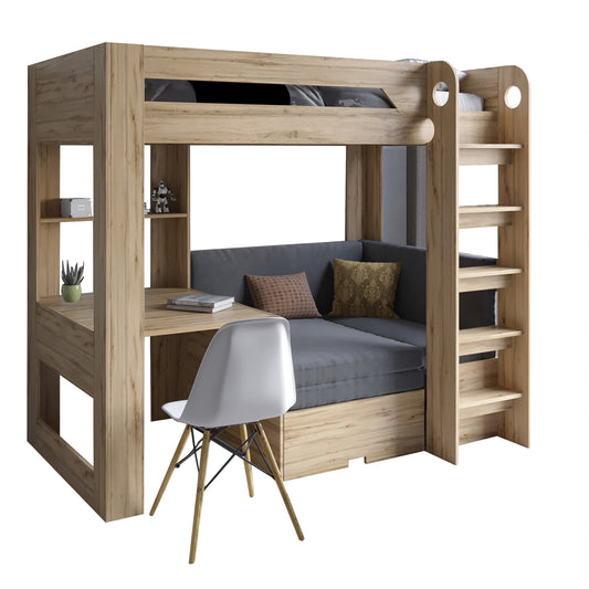 Детская двухъярусная кровать LION Флай 90х190 см со встроенным столом Дуб Аппалачи/Лили-95 (LION-041637) ТОП