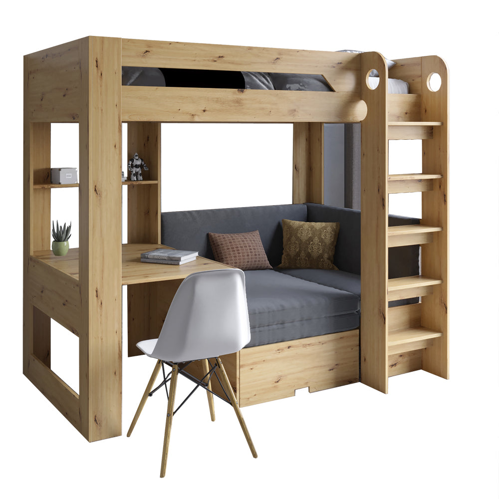 Детская двухъярусная кровать LION Флай 90х190 см со встроенным столом Дуб Артизан/Лили-95 (LION-041638)