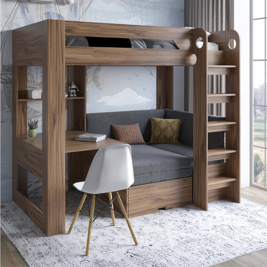 Детская двухъярусная кровать LION Флай 90х190 см со встроенным столом Дуб Ливорно/Лили-95 (LION-041639)