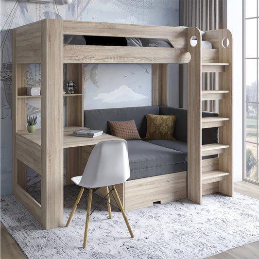 Детская двухъярусная кровать LION Флай 90х190 см со встроенным столом Дуб Сонома/Лили-95 (LION-041641)