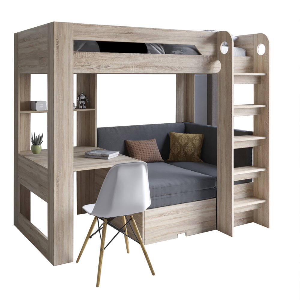 Детская двухъярусная кровать LION Флай 90х190 см со встроенным столом Дуб Сонома/Лили-95 (LION-041641)