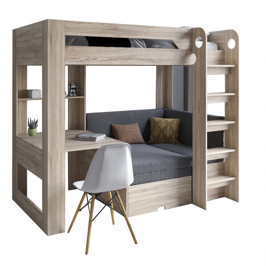 Детская двухъярусная кровать LION Флай 90х190 см со встроенным столом Дуб Сонома/Лили-95 (LION-041641)