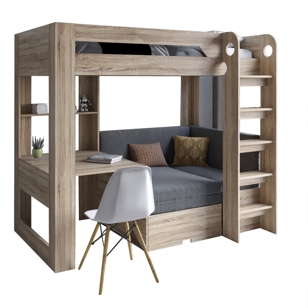 Детская двухъярусная кровать LION Флай 90х190 см со встроенным столом Дуб Сонома трюфель/Лили-95 (LION-041640)