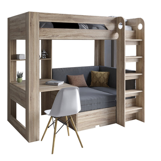 Детская двухъярусная кровать LION Флай 90х190 см со встроенным столом Дуб Сонома трюфель/Лили-95 (LION-041640)