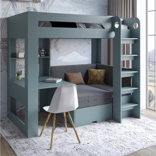 Детская двухъярусная кровать LION Флай 90х190 см со встроенным столом Гранит серый/Лили-95 (LION-041636)