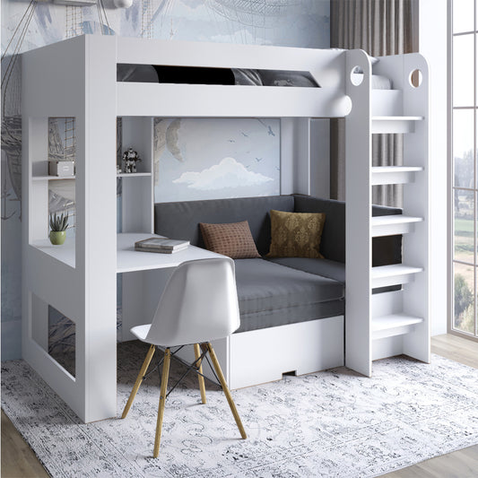 Детская двухъярусная кровать LION Флай 90х190 см со встроенным столом Нимфея Альба (белый) (LION-041643) ТОП