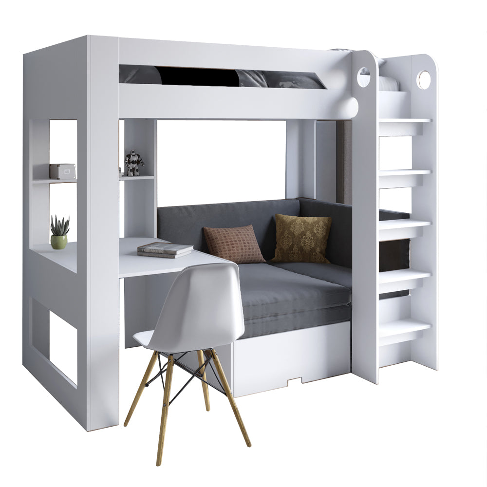 Детская двухъярусная кровать LION Флай 90х190 см со встроенным столом Нимфея Альба (белый) (LION-041643) ТОП