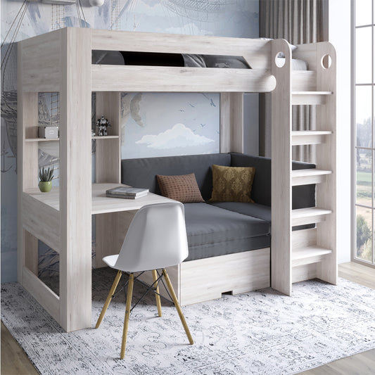 Детская двухъярусная кровать LION Флай 90х190 см со встроенным столом Самоа дымчатый/Лили-95 (LION-041645)