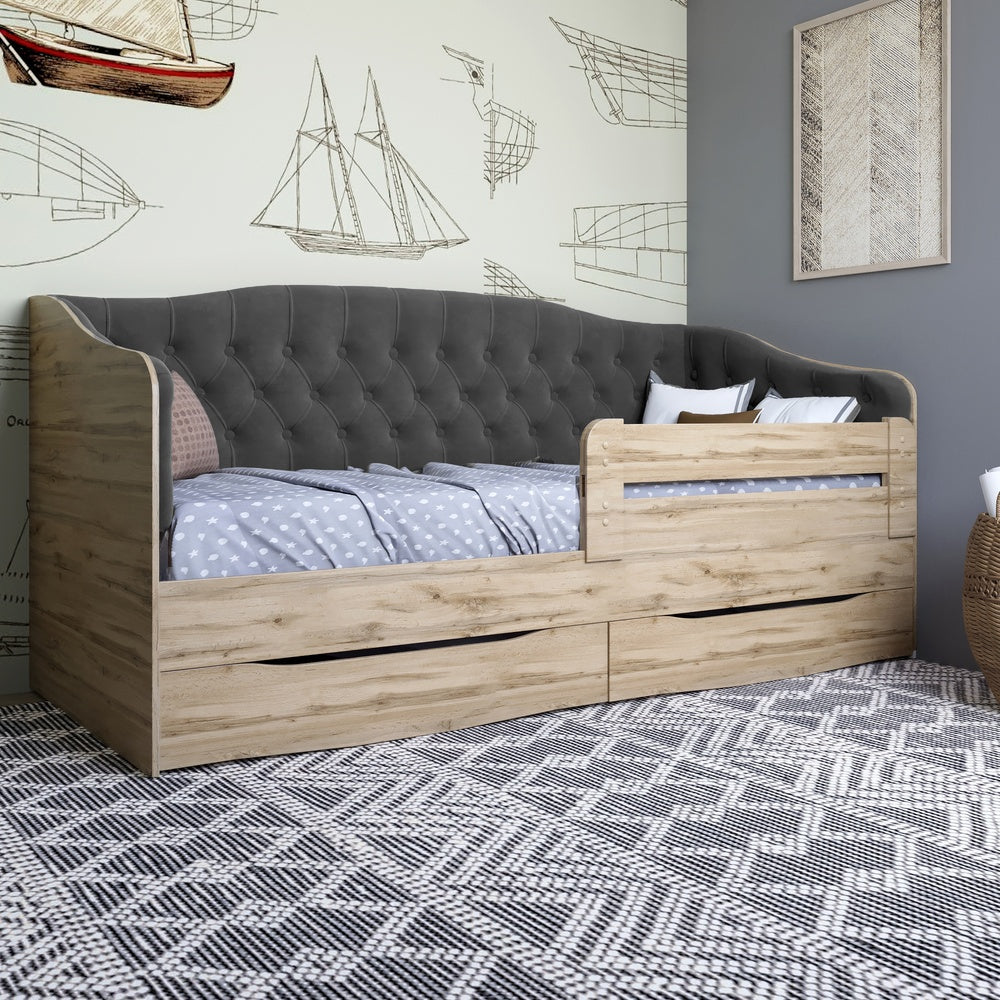 Кровать детская односпальная LION Л-9 с мягкой спинкой и выдвижными ящиками 190x90 см Дуб сонома трюфель/Лили-95 (LION-041492)