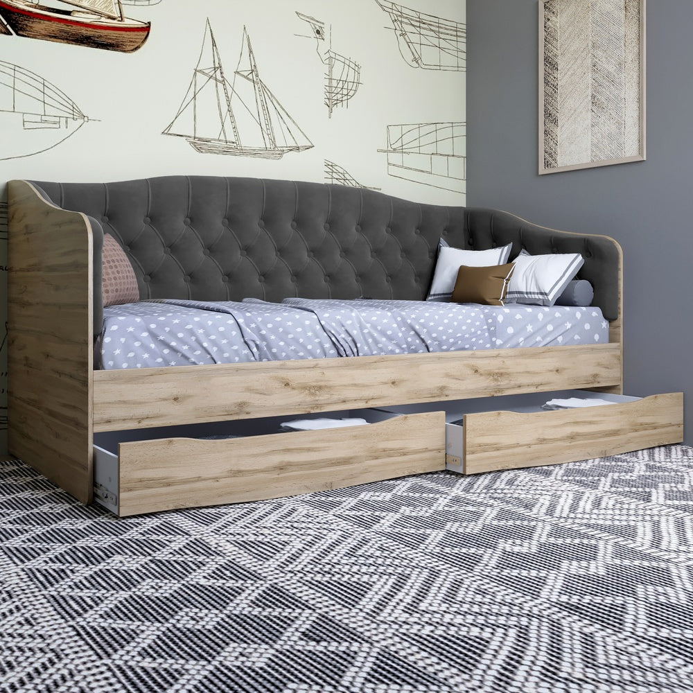 Кровать детская односпальная LION Л-9 с мягкой спинкой и выдвижными ящиками 190x90 см Дуб сонома/Лили-95 (LION-041491)