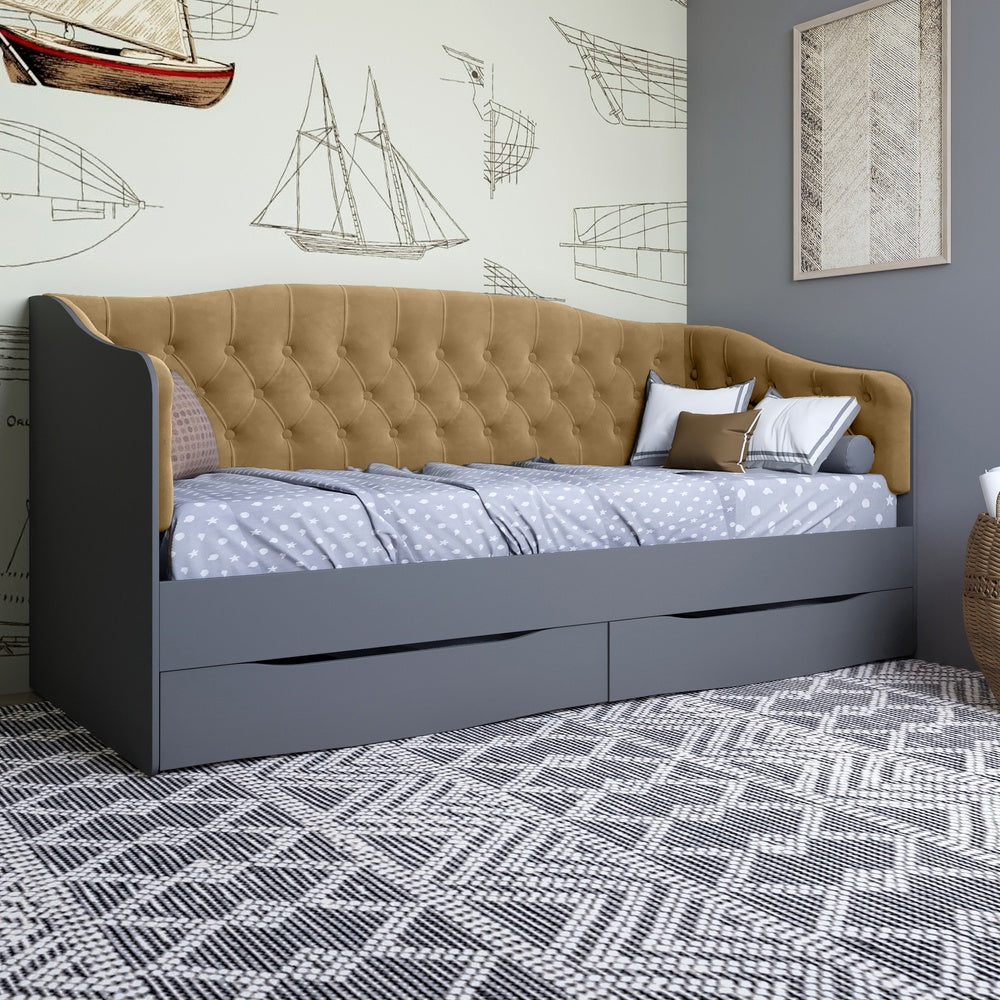 Кровать детская односпальная LION Л-9 с мягкой спинкой и выдвижными ящиками 190x90 см Антрацит/Лили-02 (LION-041467)