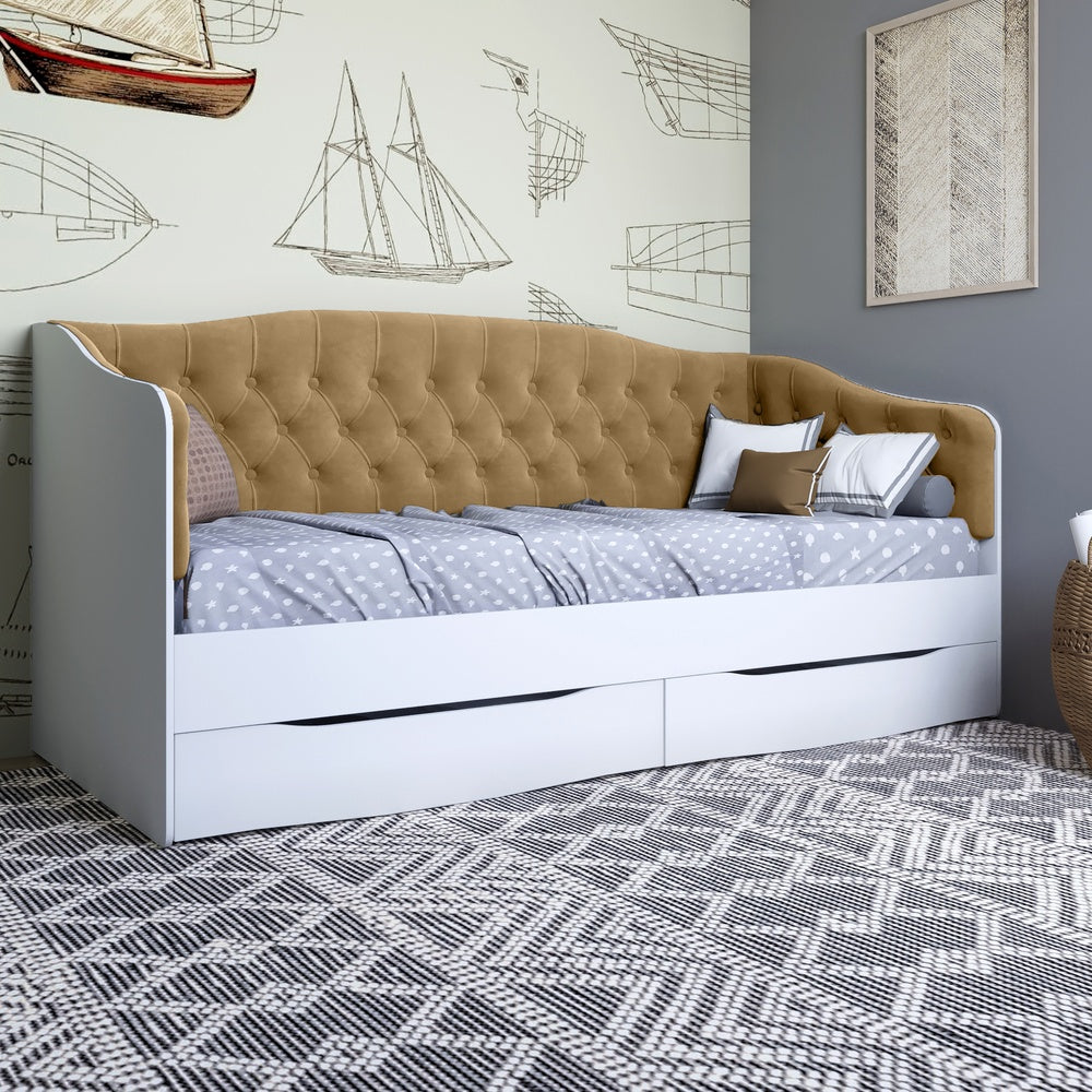 Кровать детская односпальная LION Л-9 с мягкой спинкой и выдвижными ящиками 190x90 см Нимфея Альба (белый)/Лили-02 (LION-041480)