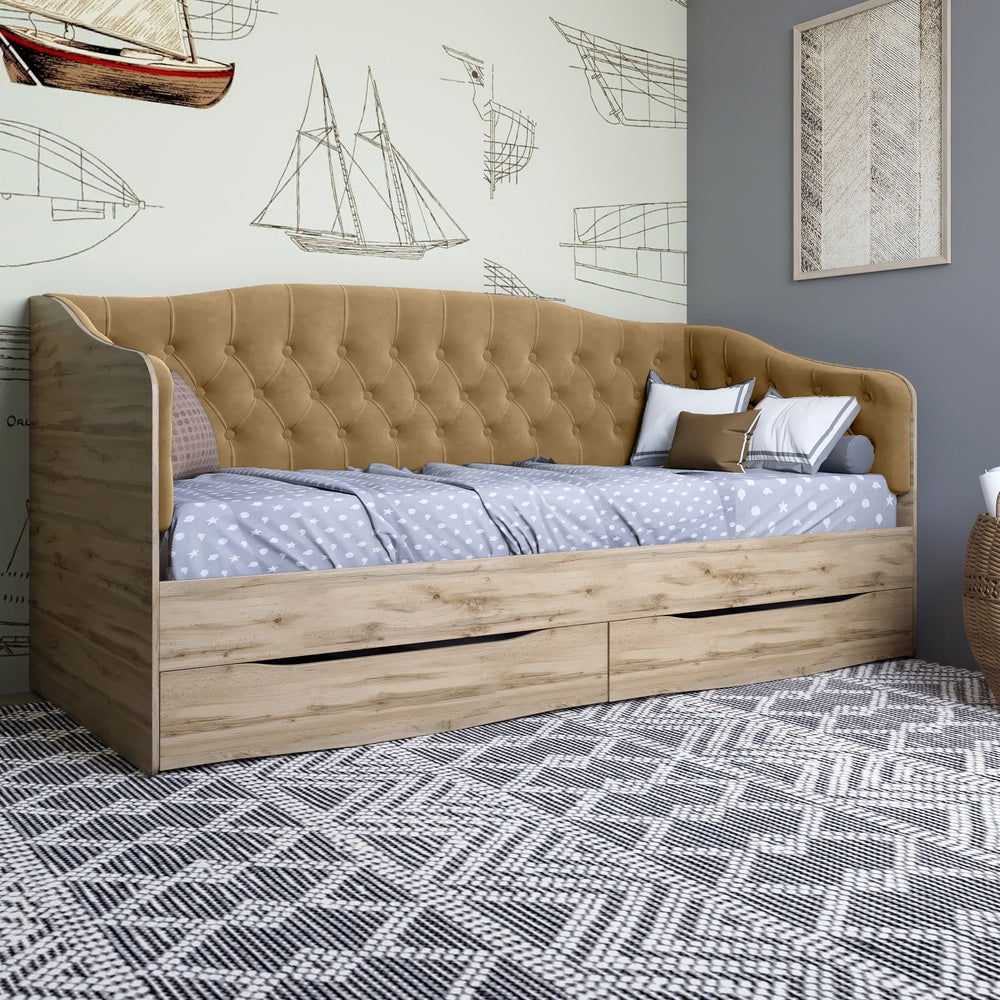 Кровать детская односпальная LION Л-9 с мягкой спинкой и выдвижными ящиками 190x90 см Дуб Аппалачи/Лили-02 (LION-041470)