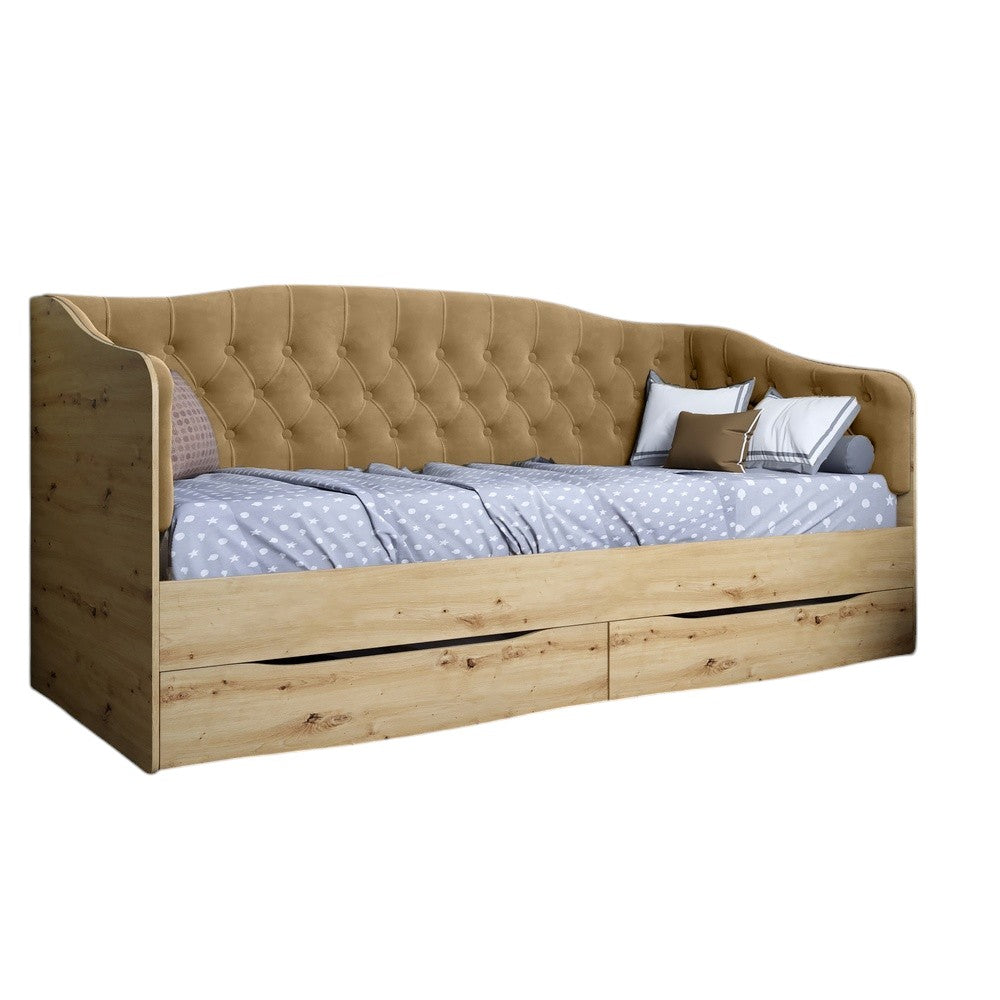 Кровать детская односпальная LION Л-9 с мягкой спинкой и выдвижными ящиками 190x90 см Дуб Артизан/Лили-02 (LION-041474)