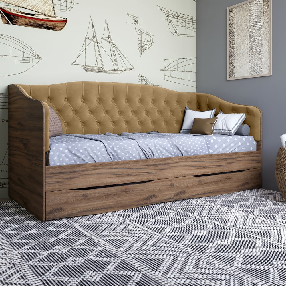 Кровать детская односпальная LION Л-9 с мягкой спинкой и выдвижными ящиками 190x90 см Дуб Ливорно/Лили-02 (LION-041472)