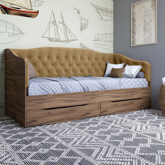 Кровать детская односпальная LION Л-9 с мягкой спинкой и выдвижными ящиками 190x90 см Дуб Ливорно/Лили-02 (LION-041472)