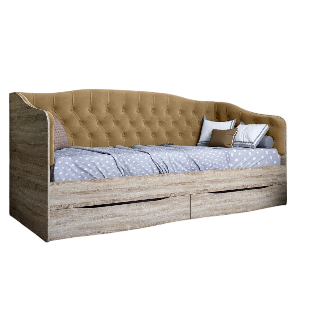 Кровать детская односпальная LION Л-9 с мягкой спинкой и выдвижными ящиками 190x90 см Дуб сонома трюфель/Лили-02 (LION-041476)