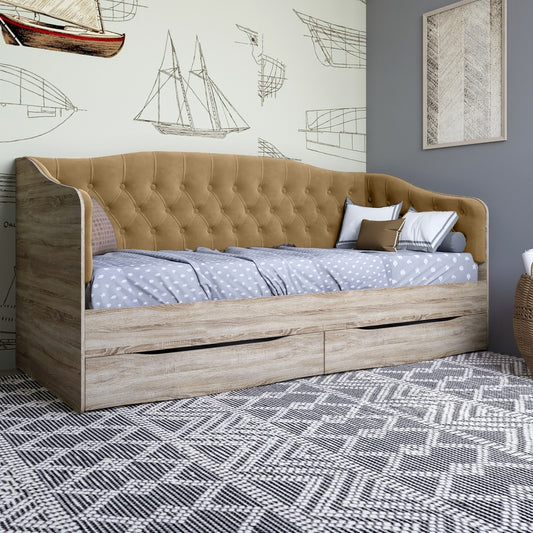 Кровать детская односпальная LION Л-9 с мягкой спинкой и выдвижными ящиками 190x90 см Дуб сонома трюфель/Лили-02 (LION-041476)