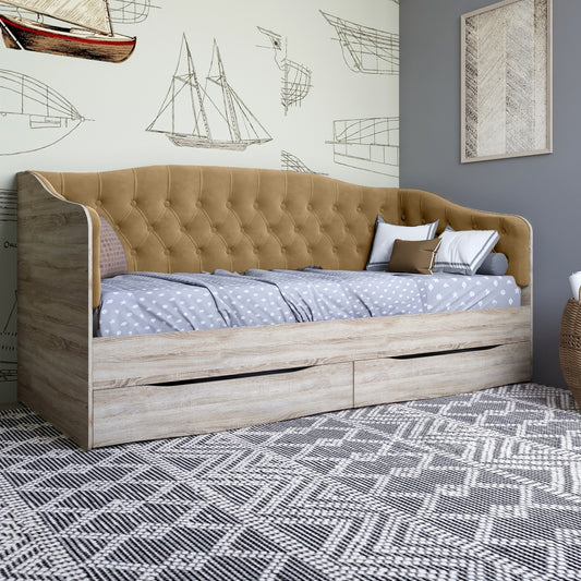 Кровать детская односпальная LION Л-9 с мягкой спинкой и выдвижными ящиками 190x90 см Дуб сонома/Лили-02 (LION-041481)