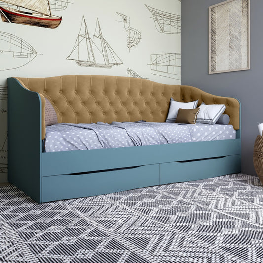 Кровать детская односпальная LION Л-9 с мягкой спинкой и выдвижными ящиками 190x90 см Гранит серый/Лили-02 (LION-041473)